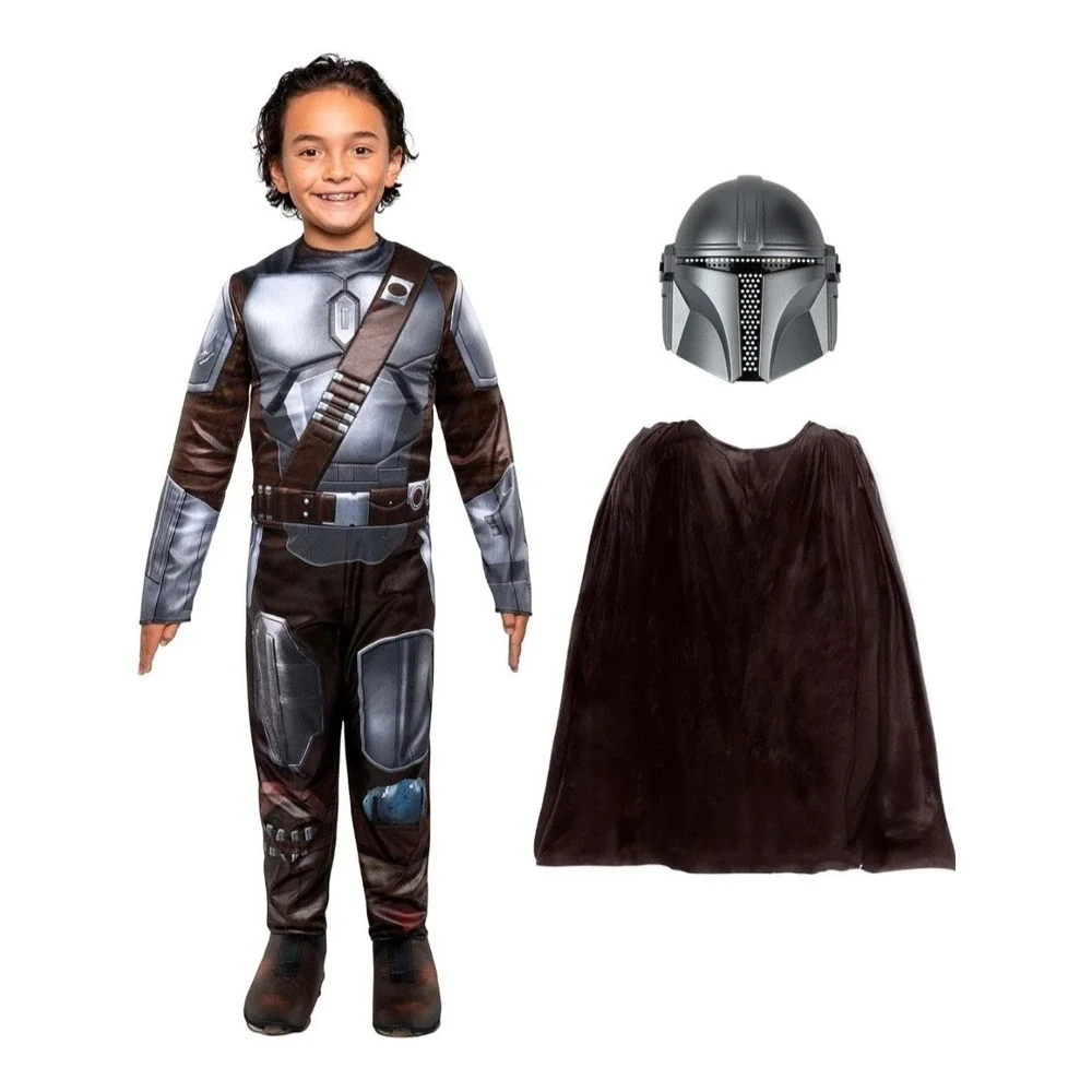 The Mandalorian Inspired Kids Costume with Black Cape, Gloves and Helmet Size S